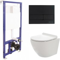 Комплект унитаза AQUAme AQM2002 с инсталляцией Berges Novum L5 040215 с сиденьем Микролифт и Черной матовой клавишей смыва фаянс подвесной