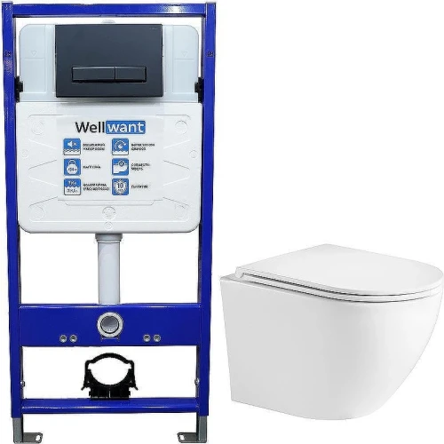 Унитаз с инсталляцией WeltWasser Merzbach 043 GL-WT 10000009939 + WellWant Standart 50 WWISI111BB с сиденьем Микролифт и Черной матовой клавишей смыва