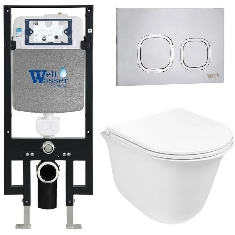 Комплект унитаза с инсталляцией WeltWasser AMBERG 497 + TELBACH 004 GL-WT + AMBERG RD-MT CR 10000006677 цвет Белый глянцевый с сиденьем Микролифт и клавишей смыва цвет Хром матовый