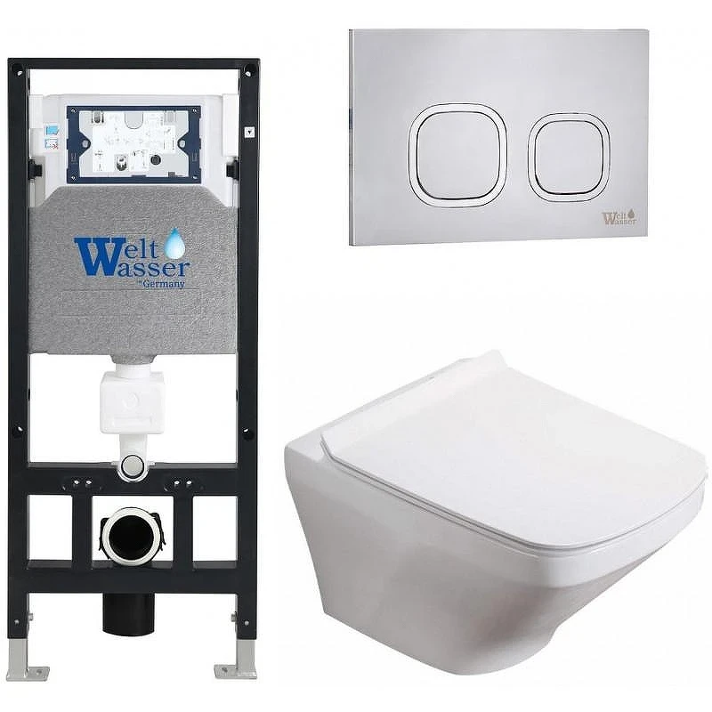 Комплект унитаза с инсталляцией WeltWasser AMBERG 506 + HOFBACH 041 GL-WT + AMBERG RD-MT CR 10000011659 цвет Белый глянцевый с сиденьем Микролифт и клавишей смыва цвет Хром матовый