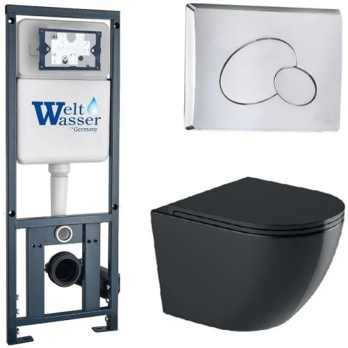 Комплект унитаза с инсталляцией WeltWasser MARBERG 410 + MERZBACH 043 GL-BL + MAR 410 RD-CR 10000012199 цвет Черный глянцевый с сиденьем Микролифт и клавишей смыва цвет Хром