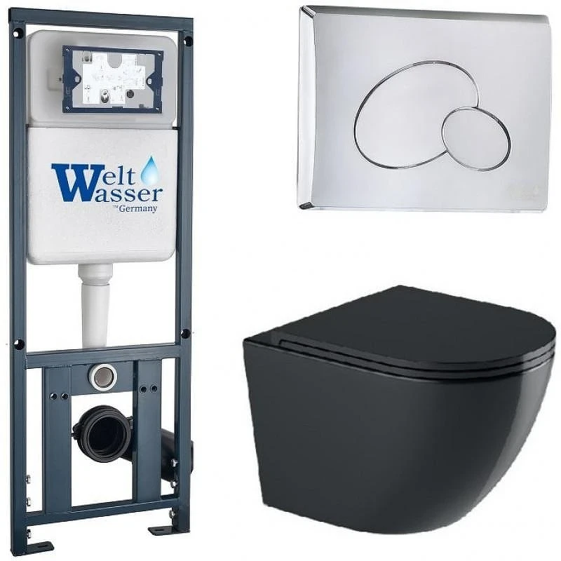Комплект унитаза с инсталляцией WeltWasser MARBERG 410 + MERZBACH 043 GL-BL + MAR 410 RD-CR 10000012199 цвет Черный глянцевый с сиденьем Микролифт и клавишей смыва цвет Хром