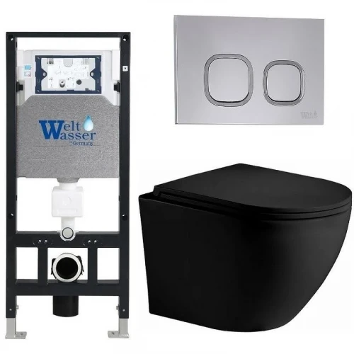 Комплект унитаза с инсталляцией WeltWasser AMBERG 506 + MERZBACH 043 XL MT-BL + AMBERG RD-CR 10000014118 цвет Черный матовый с сиденьем Микролифт и клавишей смыва цвет Хром