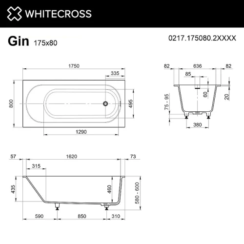 Ванна из искусственного камня Whitecross Gin 175x80 0217.175080.2XXXX цвет RAL матовый