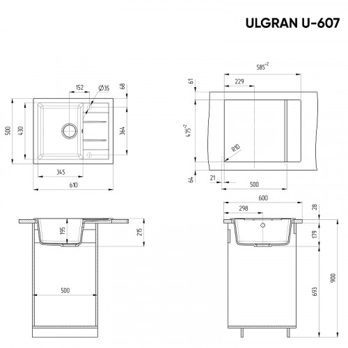 Кухонная мойка Ulgran Classic U-607-302 Песочная искусственный камень (литьевой мрамор) встраиваемый