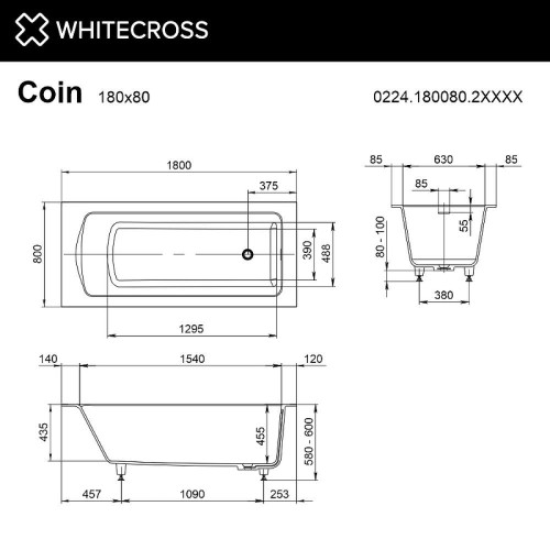 Ванна из искусственного камня Whitecross Coin 180х80 0224.180080.2XXXX цвет RAL матовый