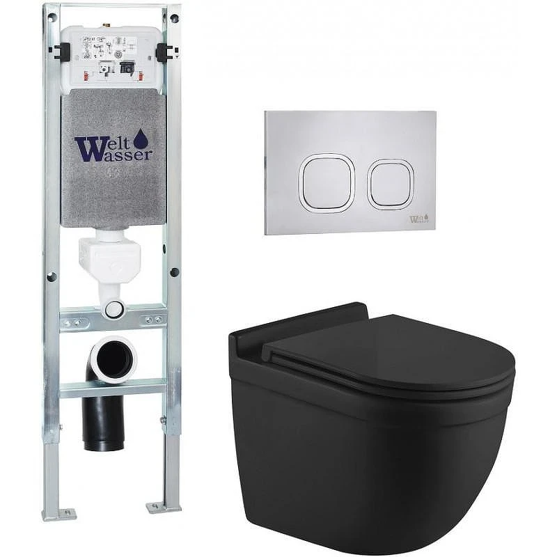Комплект унитаза с инсталляцией WeltWasser AMBERG 350 ST + HEIMBACH 043 MT-BL + AMBERG RD-MT CR 10000012223 цвет Черный матовый с сиденьем Микролифт и клавишей смыва цвет Хром матовый