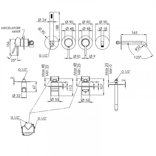 Смеситель для ванны Remer X-Style X96S03ROXXRL Медь латунь встраиваемый