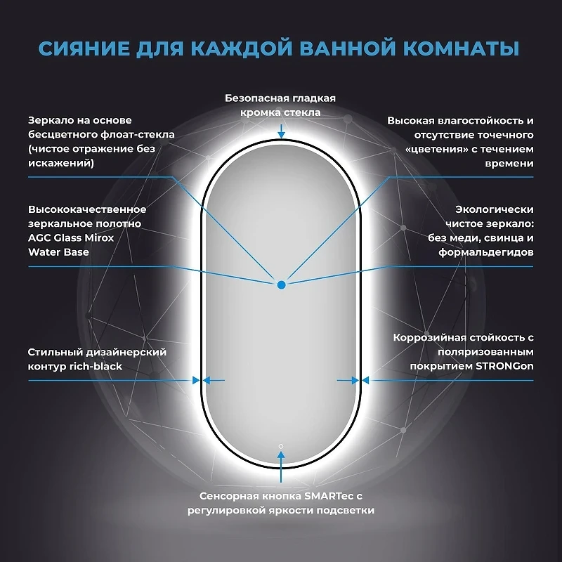 Зеркало Wellsee 7 Rays' Spectrum 55 172202030-172202040 с подсветкой цвет Черный матовый с сенсорным выключателем