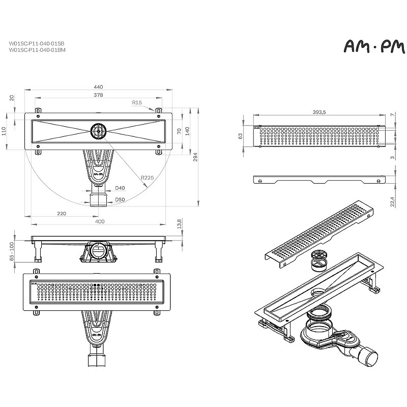 Душевой лоток AM.PM MasterFlow 40 W01SC-P11-040-01SB с решеткой Хром матовый Cut Gradient