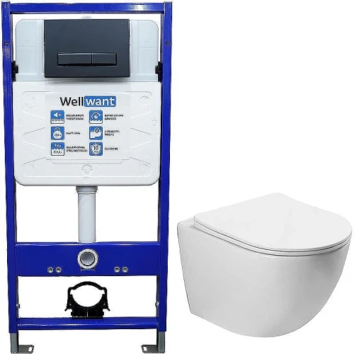 Унитаз с инсталляцией Vincea Globo VT1-14S + WellWant Standart 50 WWISI111BB с сиденьем Микролифт и Черной матовой клавишей смыва