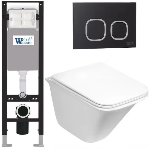 Комплект унитаза с инсталляцией WeltWasser AMBERG 350 + ROTBACH 004 GL-WT + AMBERG RD-BL 10000012404 цвет Белый глянцевый с сиденьем Микролифт и клавишей смыва цвет Черный