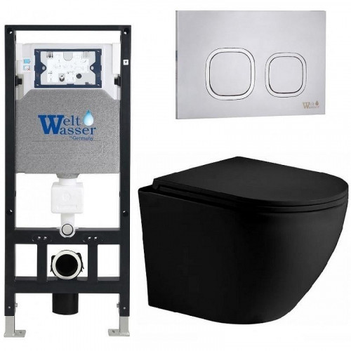 Комплект унитаза с инсталляцией WeltWasser AMBERG 506 + MERZBACH 043 XL MT-BL + AMBERG RD-MT CR 10000014119 цвет Черный матовый с сиденьем Микролифт и клавишей смыва цвет Хром матовый