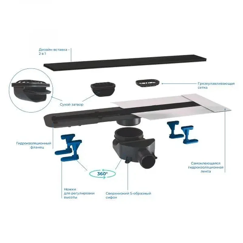 Душевой лоток Bettoserb Frameless Line Black Matte 55 13701319 с решеткой цвет Черный матовый / под плитку