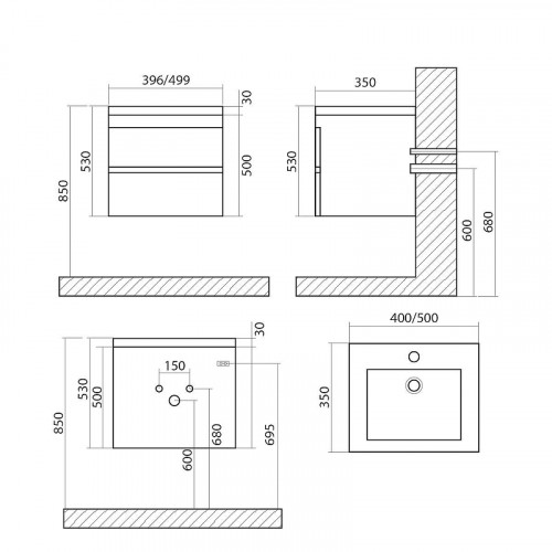 Тумба под раковину Art&amp;Max Family-400-2C-SO-PE подвесная Бетон Экзотик МДФ / ЛДСП
