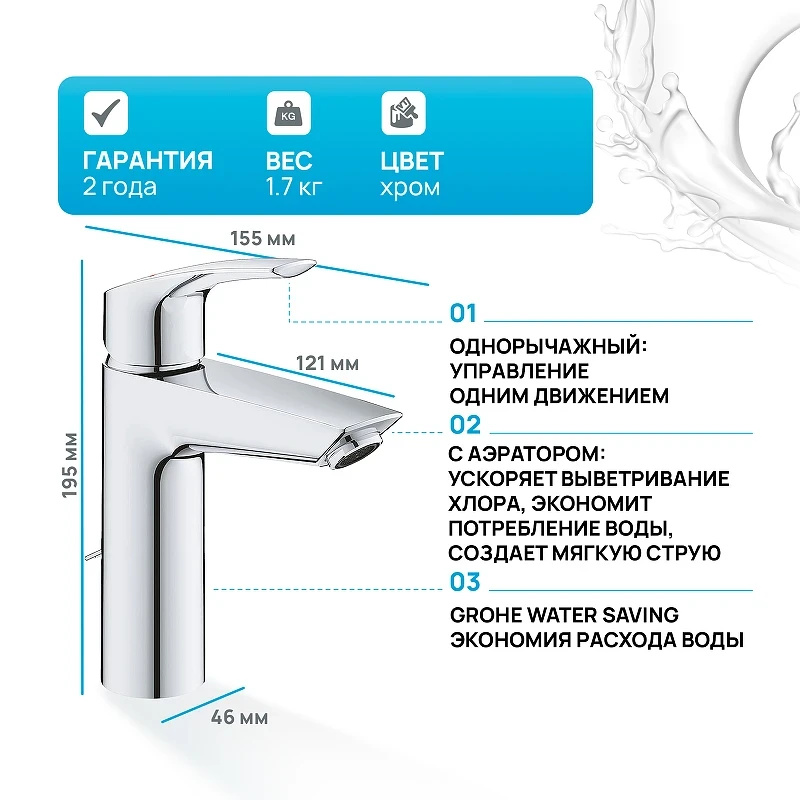 Смеситель для раковины Grohe Eurosmart 23323003 Хром латунь