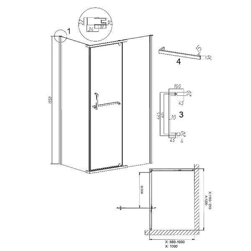 Душевой уголок Grossman Pragma 120x100 L 120.K33.03.1210.21.02 профиль Черный матовый стекло шиншилла