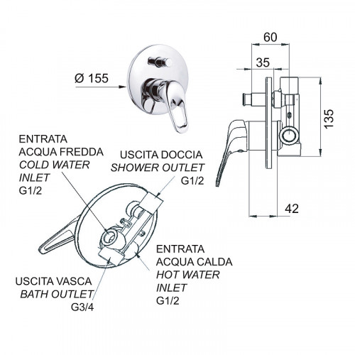 Смеситель для душа Remer Kiss K09 Хром латунь встраиваемый