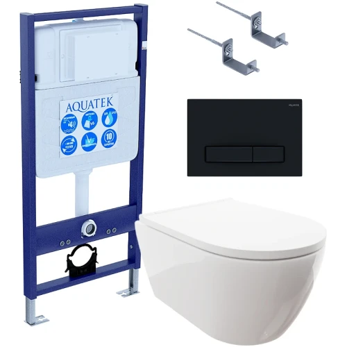 Комплект унитаза с инсталляцией Aquatek Set Aquatek Поларис-025 4в1 с сиденьем Микролифт и Черной матовой клавишей смыва фарфор подвесной