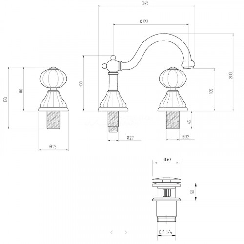 Смеситель для раковины Migliore Olivia 19015 Хром Белый с декором Платина