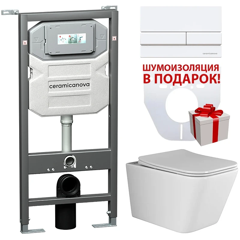 Комплект унитаза с инсталляцией Ceramicanova Metric CN3007_1002W_1000 с сиденьем Микролифт и Белой клавишей смыва фарфор подвесной