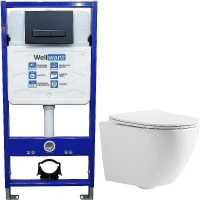 Унитаз с инсталляцией CeramaLux 2197 + WellWant Standart 50 WWISI111BB с сиденьем Микролифт и Черной матовой клавишей смыва