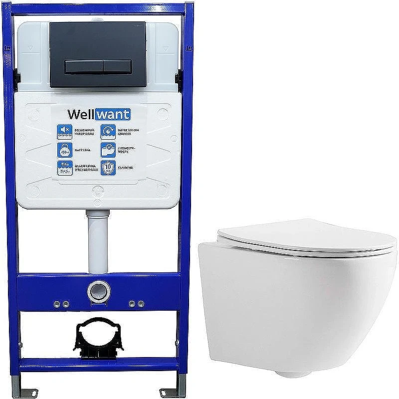 Унитаз с инсталляцией CeramaLux 2197 + WellWant Standart 50 WWISI111BB с сиденьем Микролифт и Черной матовой клавишей смыва