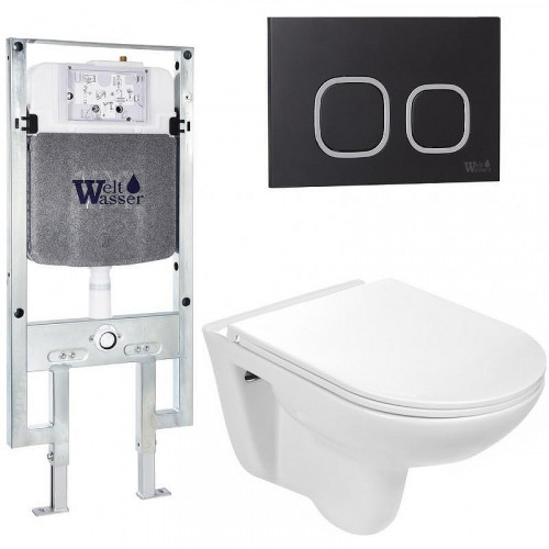 Комплект унитаза с инсталляцией WeltWasser AMBERG 497 ST + BAARBACH 004 GL-WT + AMBERG RD-BL 10000006679 цвет Белый глянцевый с сиденьем Микролифт и клавишей смыва цвет Черный