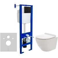 Комплект унитаза AQUAme AQM2002 с инсталляцией Berges Atom 410 040340 с сиденьем Микролифт и Черной матовой клавишей смыва фаянс подвесной