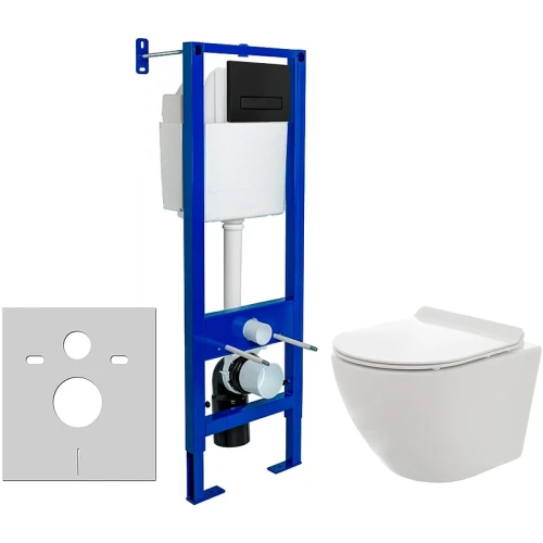 Комплект унитаза AQUAme AQM2002 с инсталляцией Berges Atom 410 040340 с сиденьем Микролифт и Черной матовой клавишей смыва фаянс подвесной
