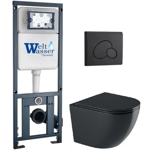 Комплект унитаза с инсталляцией WeltWasser MARBERG 410 + MERZBACH 043 GL-BL + MAR 410 RD MT-BL 10000012201 цвет Черный глянцевый с сиденьем Микролифт и клавишей смыва цвет Черный матовый