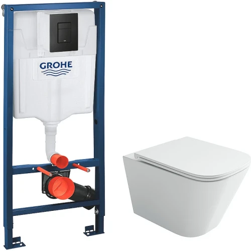 Комплект унитаза Ceramicanova Union CN4009T с инсталляцией Grohe Rapid SL 38811KF0 с сиденьем Микролифт и Черной матовой клавишей смыва фарфор подвесной