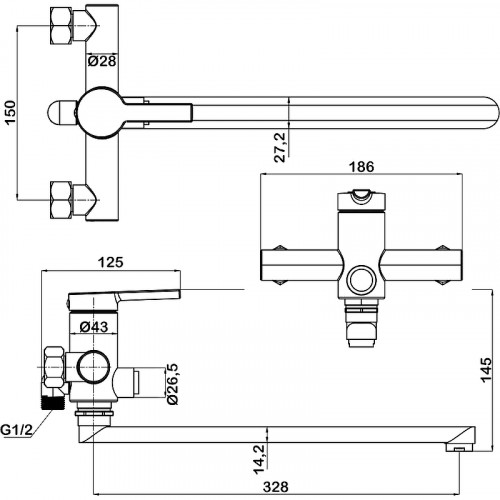 Смеситель для ванны Swedbe Diana 1050 универсальный Хром латунь на стену
