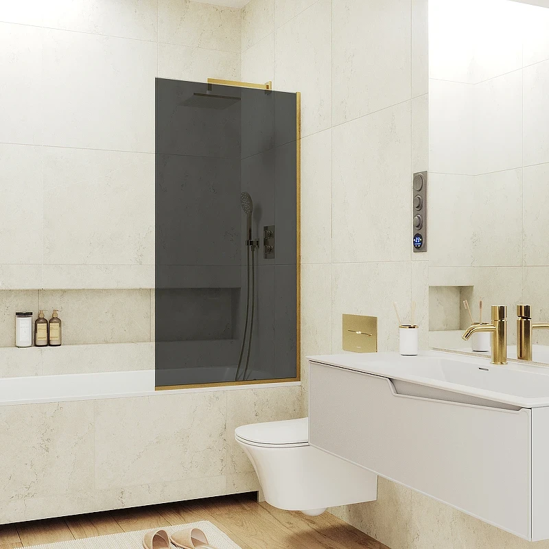 Шторка на ванну Maybah Glass MGV-78-3у 400x1400 в узком профиле Золото стекло графитовое