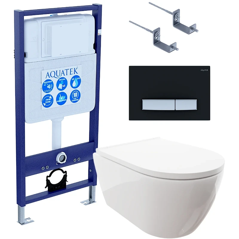 Комплект унитаза с инсталляцией Aquatek Set Aquatek Поларис-026 4в1 с сиденьем Микролифт и Черной матовой клавишей смыва фарфор подвесной