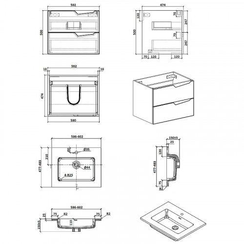 Тумба с раковиной Parly Spa Rhea 60 Rhea60 10128 подвесная Серая матовая