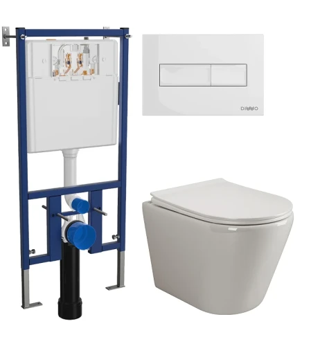 Комплект унитаза DIWO Ceramicanova Highlight Rimless CN1804 с сиденьем с инсталляцией DIWO 4501 с клавишей смыва цвет Глянцевый белый