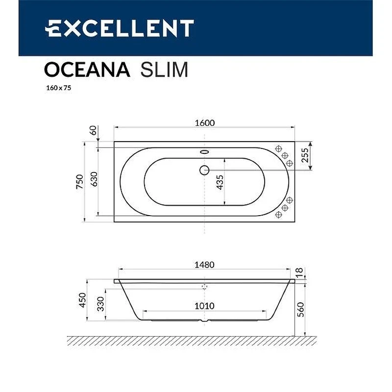 Акриловая ванна Excellent Oceana Slim 160x75 WAEX.OCE16S.SOFT.WH цвет Белый с гидромассажем форсунки Белые