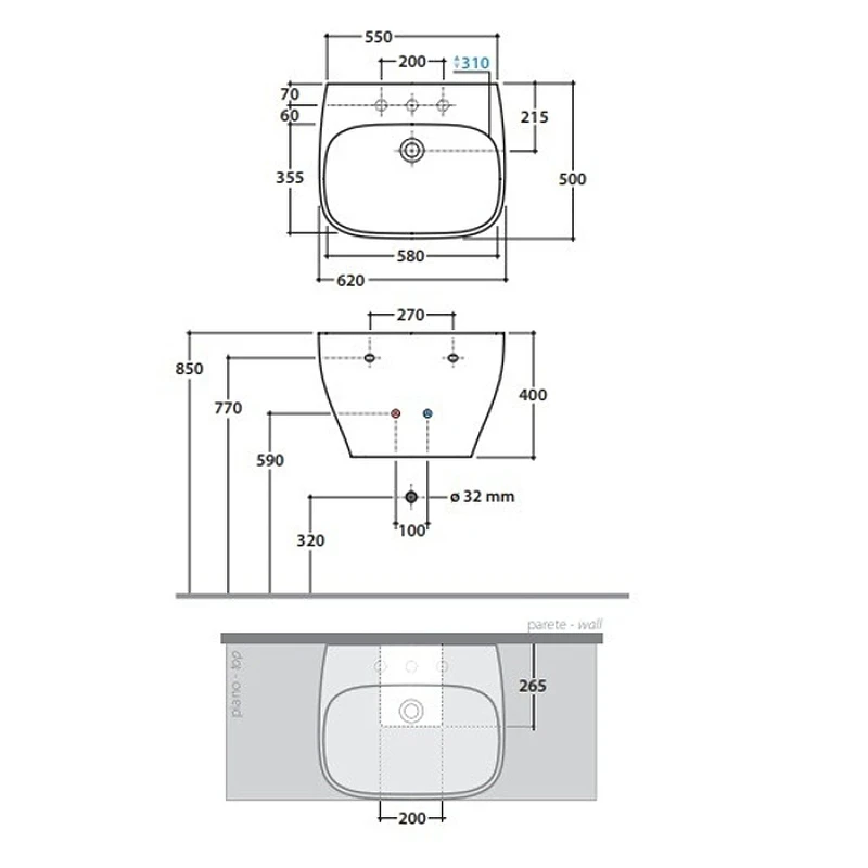 Раковина Globo Genesis 62 GE061.BI*1 Белая фарфор подвесная, накладная