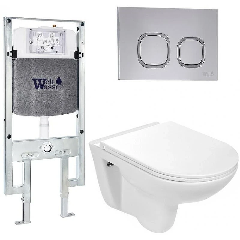 Комплект унитаза с инсталляцией WeltWasser AMBERG 497 ST + BAARBACH 004 GL-WT + AMBERG RD-CR 10000006680 цвет Белый глянцевый с сиденьем Микролифт и клавишей смыва цвет Хром
