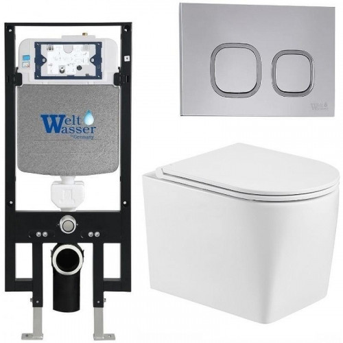 Комплект унитаза с инсталляцией WeltWasser AMBERG 497 + NESENBACH 004 GL-WT + AMBERG RD-CR 10000008925 цвет Белый глянцевый с сиденьем Микролифт и клавишей смыва цвет Хром