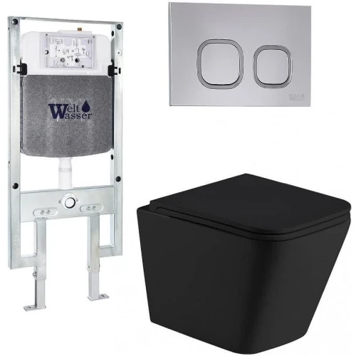 Комплект унитаза с инсталляцией WeltWasser AMBERG 497 ST + GELBACH 043 MT-BL + AMBERG RD-CR 10000011981 цвет Черный матовый с сиденьем Микролифт и клавишей смыва цвет Хром