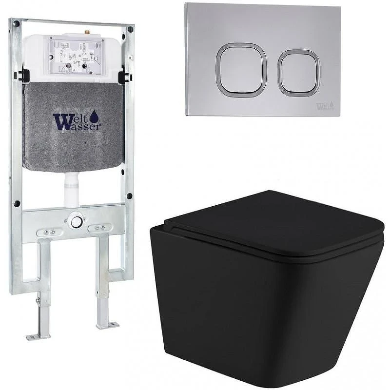 Комплект унитаза с инсталляцией WeltWasser AMBERG 497 ST + GELBACH 043 MT-BL + AMBERG RD-CR 10000011981 цвет Черный матовый с сиденьем Микролифт и клавишей смыва цвет Хром
