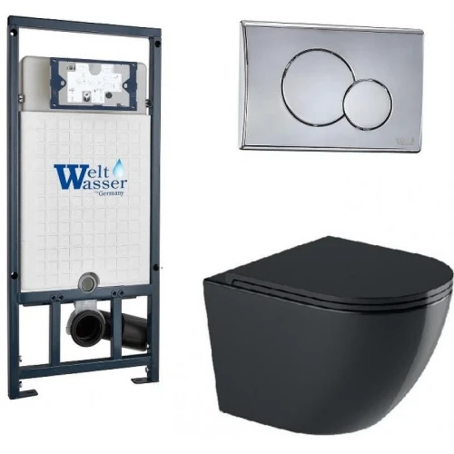 Комплект унитаза с инсталляцией WeltWasser MARBERG 507 + MERZBACH 043 GL-BL + MAR 507 RD-CR 10000012203 цвет Черный глянцевый с сиденьем Микролифт и клавишей смыва цвет Хром