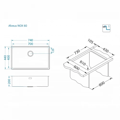 Кухонная мойка Alveus Nox 60 BRS 740x440x200 1149927 Брашированная сталь нержавеющая сталь встраиваемый