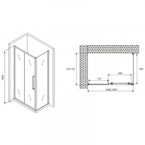 Душевой уголок Abber Schwarzer Diamant 160x75 AG30160BH-S75B профиль Черный стекло прозрачное