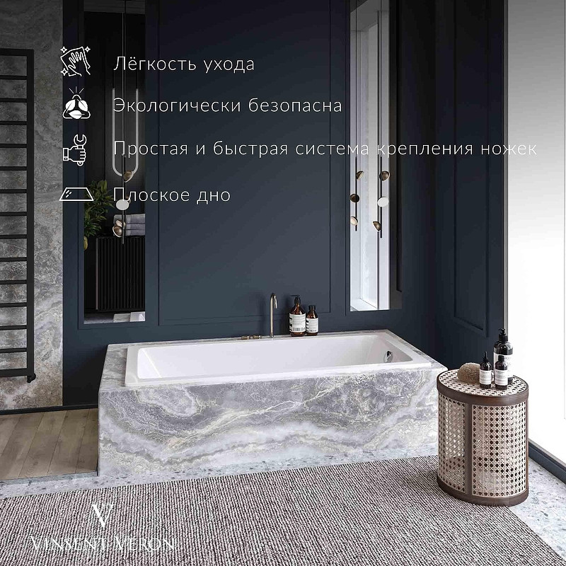 Чугунная ванна Vinsent Veron Square 140x70 VSQ1407045H/VH0012GM цвет Белый с квадратными ручками оружейная сталь