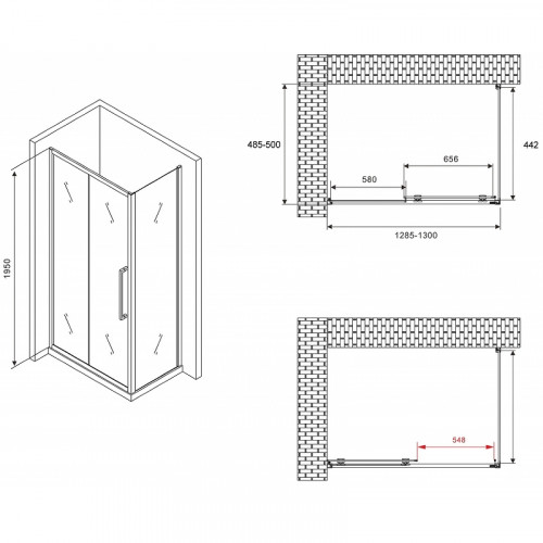Душевой уголок Abber Schwarzer Diamant 130x50 AG30130BH-S50B профиль Черный стекло прозрачное