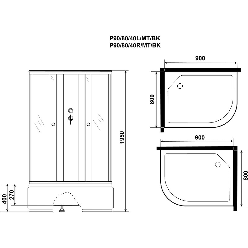 Душевая кабина Niagara Promo 90x80 L P90/80/40L/MT/BK без гидромассажа