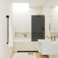 Шторка на ванну Maybah Glass MGV-89-3у 900x1400 в узком профиле Золото стекло графитовое матовое